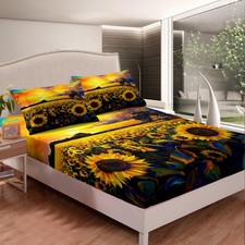 Sunflowers Bed Sheet Set Floral Print Bed Sheets Yellow Flowers Pattern Sheet...