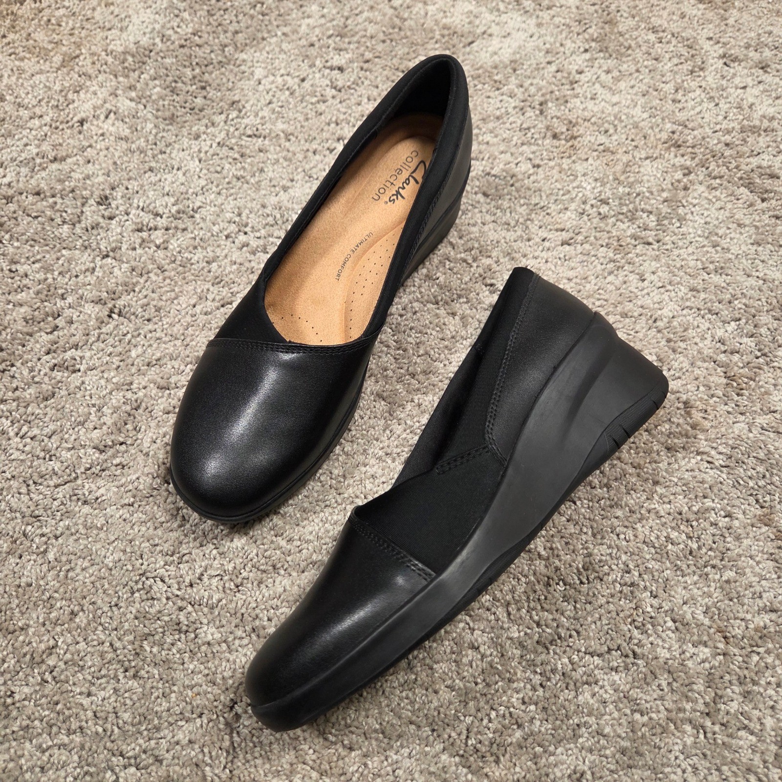 Clarks Suttyn Walk Leather Wedge Slip-On Shoes Women's 9M Black Comfort Work