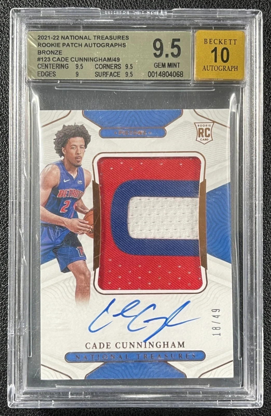 CADE CUNNINGHAM BGS 9.5 2021 NATIONAL TREASURES 123 ROOKIE PATCH AUTO BRONZE /49