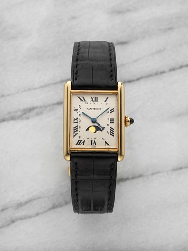 Vintage 1990s Cartier Tank 8190 18K YG Cream Moonphase Dial Quartz 23 mm