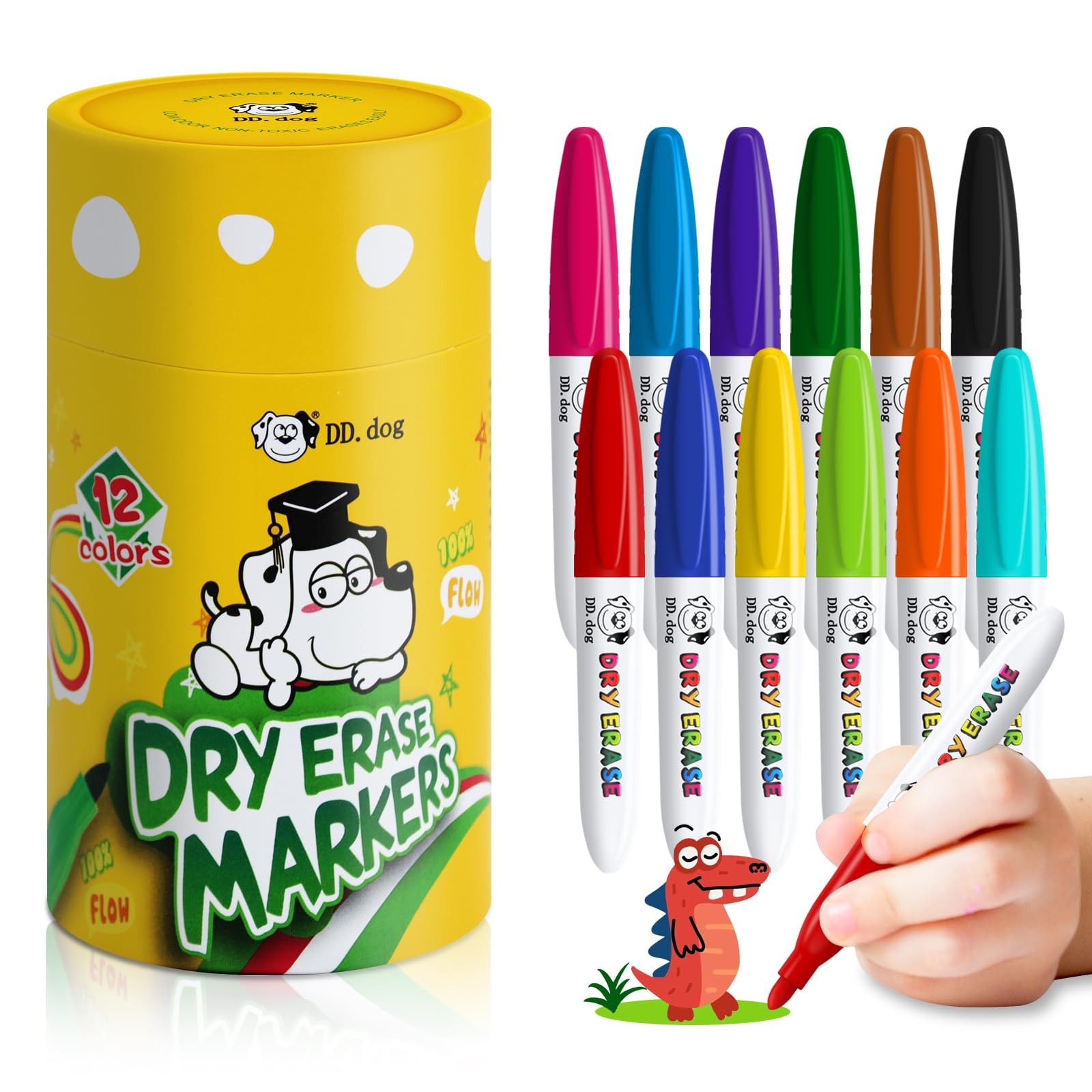 For Kids, Small 12 Colored Non-toxic Fine Tip White Bo...