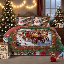 3-Piece Christmas Patchwork Quilt Set King Size Snowflake Santa Claus Bedspre...