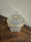 Vtg 1950s Jeanette Glass Clear Footed Candy Dish w/ Gold Trim Lid Harvest Grape