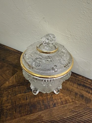 Vtg 1950s Jeanette Glass Clear Footed Candy Dish w/ Gold Trim Lid Harvest Grape