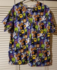 Peaches Uniforms Women's XL Scrubs Top V-Neck Halloween Pumpkin Ghost Mummy