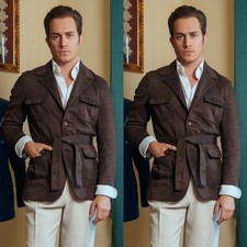 Men's Safari Jackets With Belt Multi Pockets Outdoor Wear Suede Hunting Coats