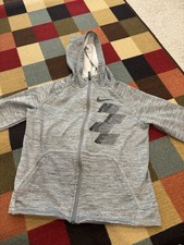 Boys Nike Zip-Up Logo Jacket Gray Large Dri-FIT Hooded 100 Polyester