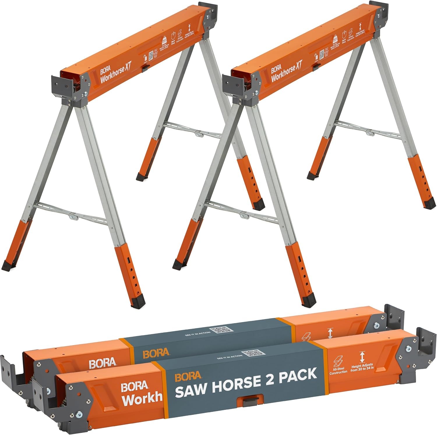 Bora Workhorse Xt Saw Horses 2 Pack Folding Heavy Duty Adjustable Height Sawhorse Pair With Adjustable Legs Heavy Duty Saw Horse For Contractors - Image 2