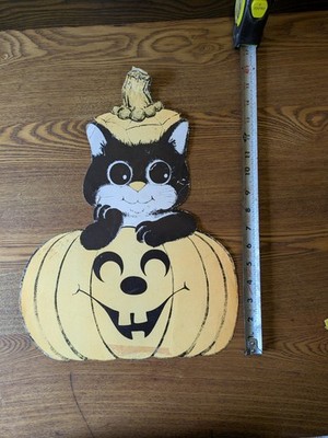 Vintage Halloween Decor Cat With Pumpkin Paper Cutout Litho 60s 70s Retro 