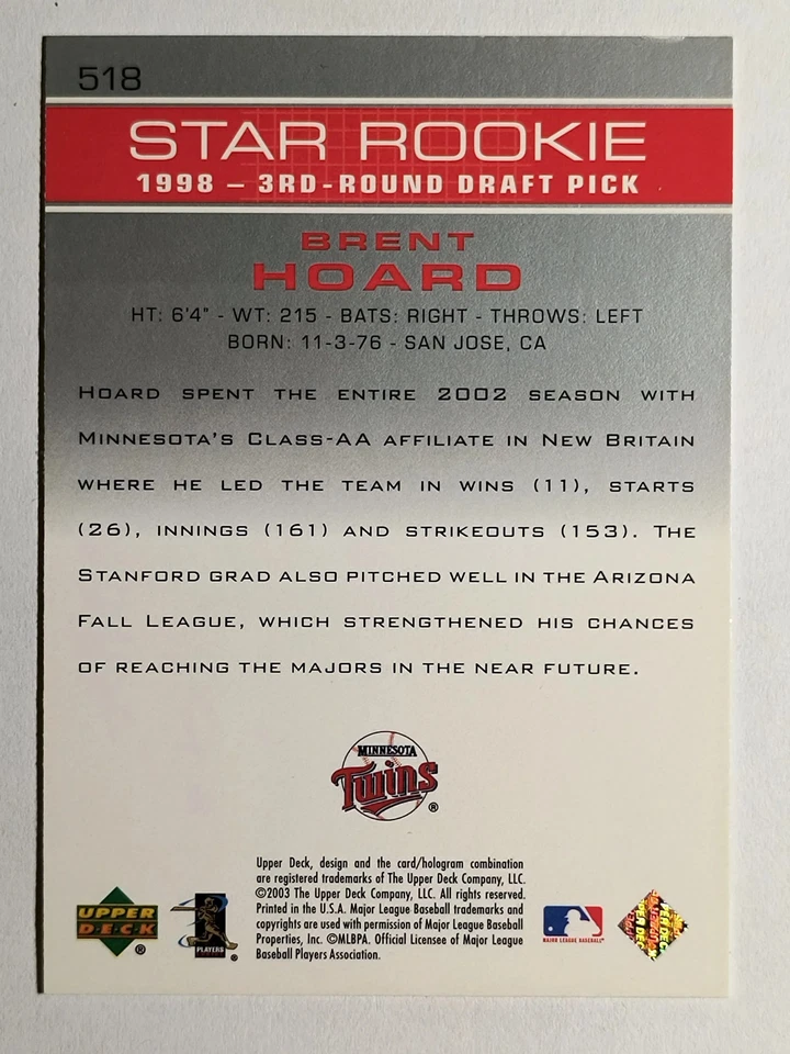 2003 Upper Deck #518 Brent Hoard SR RC - Image 2 of 2