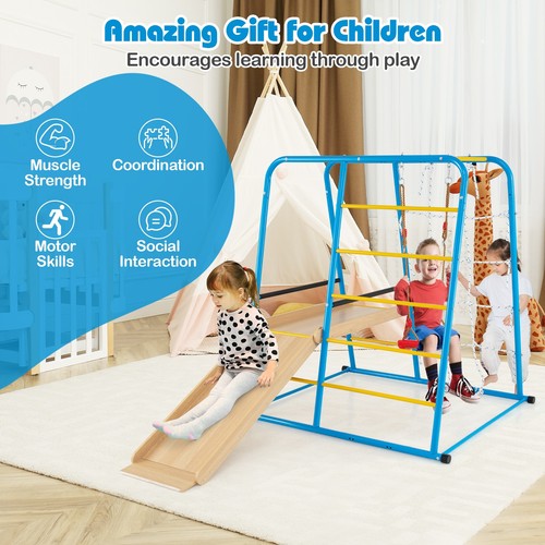 COSTWAY 6-in-1 Indoor Jungle Gym Metal Montessori Climber Playset w/Slide-Blue - Picture 7 of 10