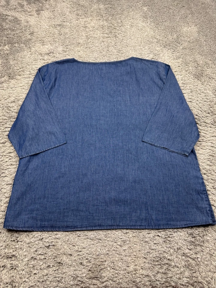 Blusa Tres Jolie Top Mujer 3X Azul Cambray Manga 3/4 Botón Lateral Lagenlook Foto 2 de 4