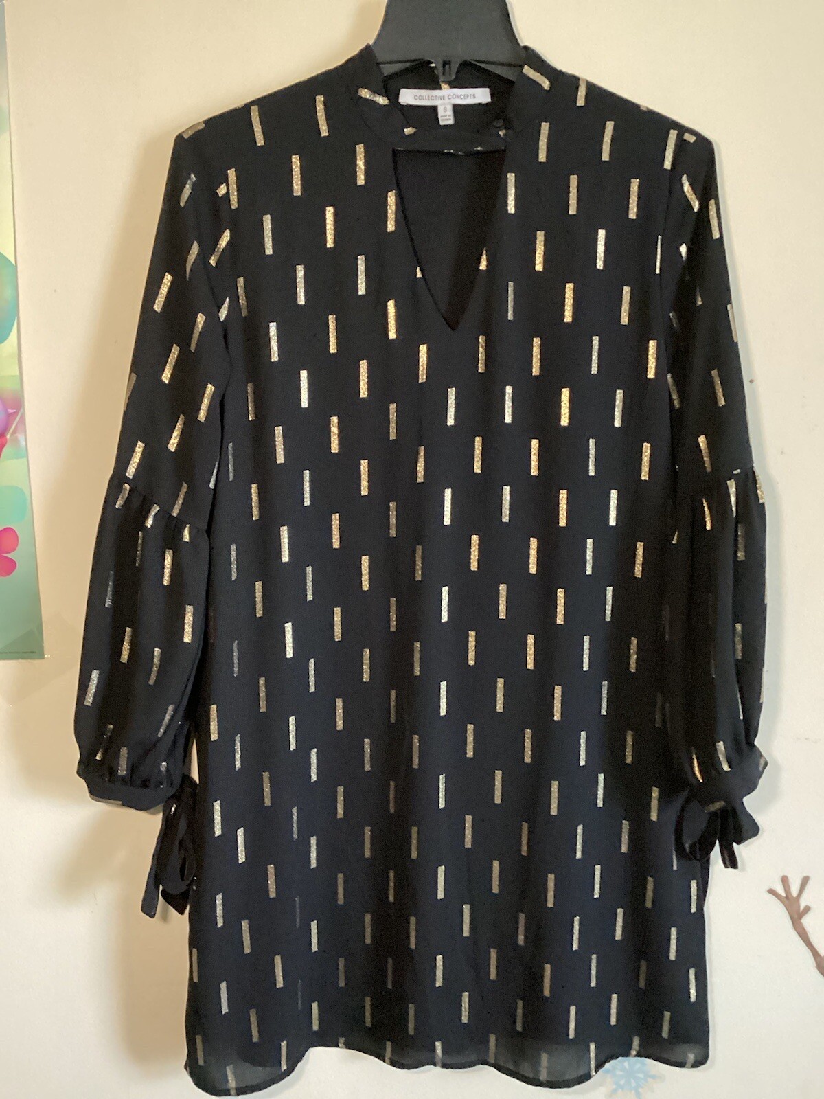 Collective Concepts Black W/ Gold Metallic Thread Choker Dress Women’s Sz Small