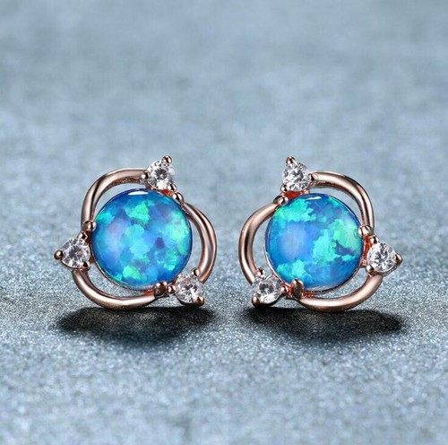 Classic Round Blue White Fire Opal Gems Rose Gold 925 Silver Hook Stud Earrings - Picture 8 of 12