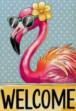 Welcome Pink Flamingo with Flower Polka Dot Burlap Garden Flag -12" x 18"