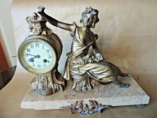 Ancien Pendule Horloge  Marbre Régule patine Bronze allégorie femme fleur XIXème