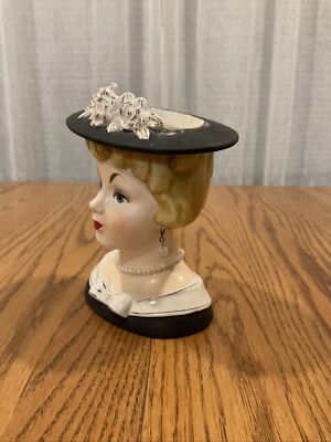 Vintage Relpo Young Girl Lady Head Vase K1053A Hat Pearls Blond