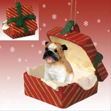 Bulldog Dog RED Gift Box Holiday Christmas ORNAMENT