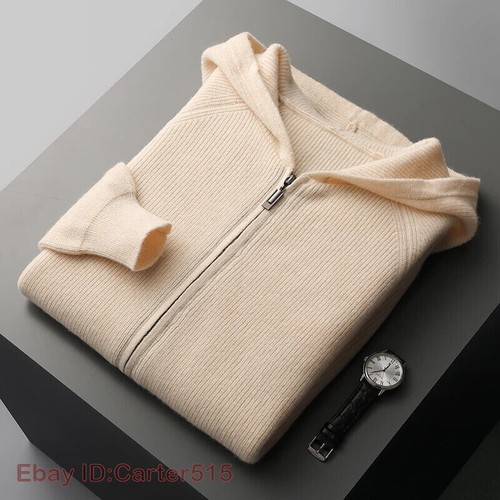 Cárdigan para hombre 100 % lana otoño informal tejido chaqueta con capucha grueso cálido suéter top - Imagen 17 de 28