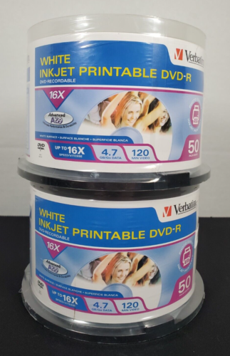 Verbatim DVD-R 4.7GB 16X White Inkjet Printable 50 Pack Sealed ~ Lot of 2 - 第 1/6 張圖片