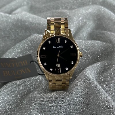 Bulova Men's Classic Diamonds Black Dial/Gold Bracelet 97D108 Quartz Watch 40mm