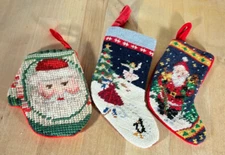 3 Vintage Crosstitch Mini Christmas Stockings, Tallest 5", Ice Skating & Santa