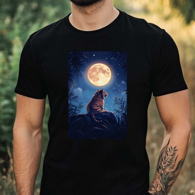Herren T-Shirt Tiger  bei Vollmond Motiv Baumwolle Größe XS bis 5XL