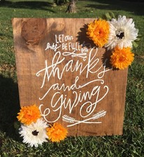 Thanksgiving thankful wood sign home decor fall sign orange and white flowers 