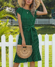 Suvimuga Green Polka Dot Tie-Waist Cap-Sleeve Midi Dress Size M