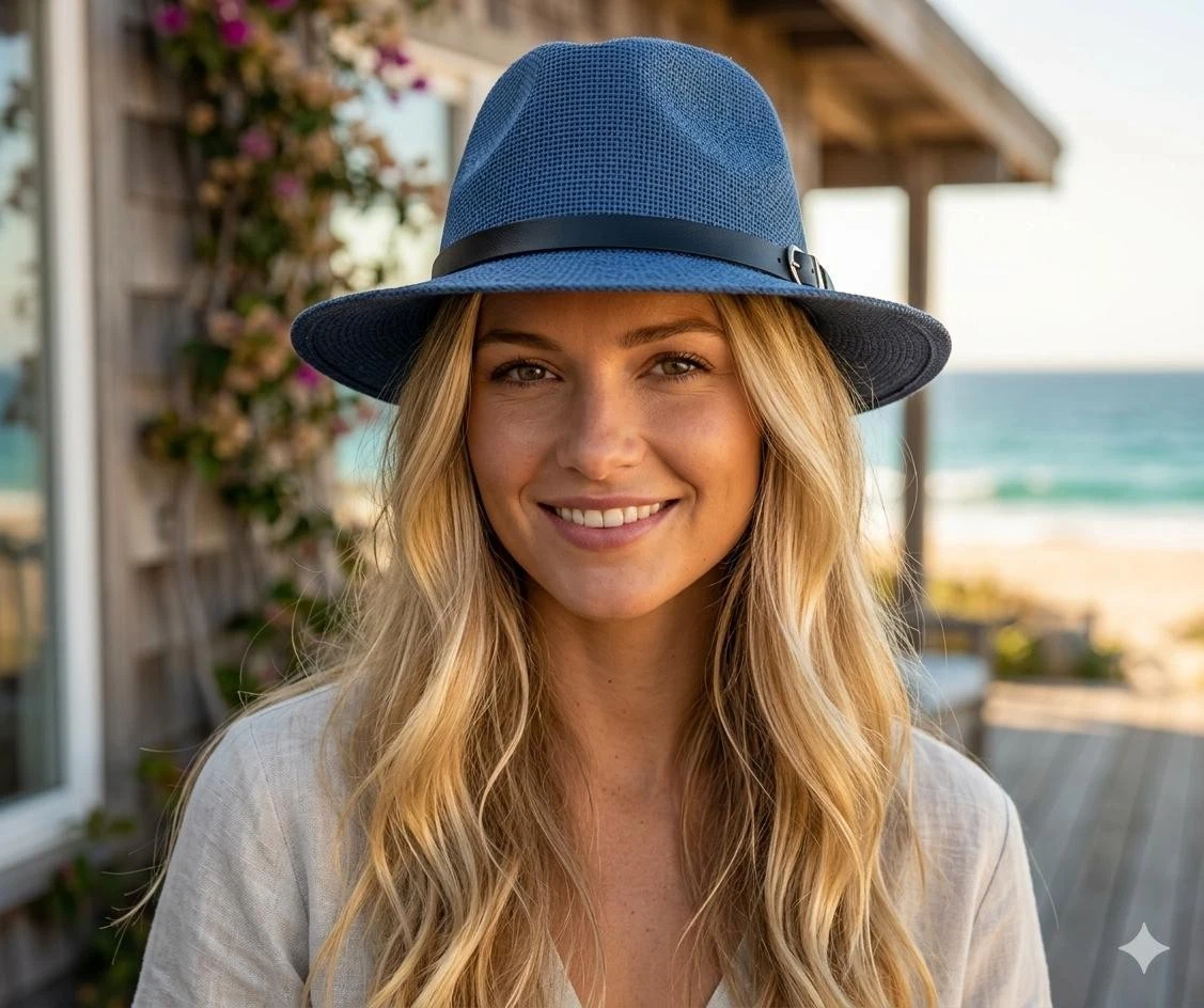 Panama Fedora Blue Cap Summer Beach Sun Straw Leather Belt Women Men Hat