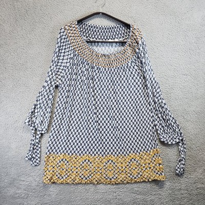 Fever Smocked Top Blouse Women's 1X Long Sleeve Casual Chic Boho Blue Yellow