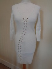 ZARA CREAM RIBBED THREE QUARTER SLEEVE DRESS WITH LATTICE TIE DETAIL - S. SMALL