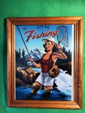 Framed Fly Fishing Woman , Fishing Advertisement "Let's Go Fishing" 8x10 inches