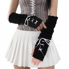 Arm Warmers - Y2k Harajuku Long Fingerless Gloves for Girls Kids, Cute Black