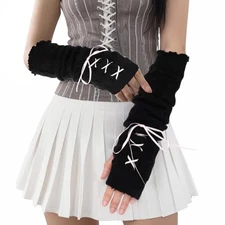 Arm Warmers - Y2k Harajuku Long Fingerless Gloves for Girls Kids, Cute Black 