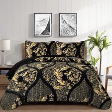 Black Quilt Set California King Size, Boho Gold Damask Bedspread Coverlet Set...