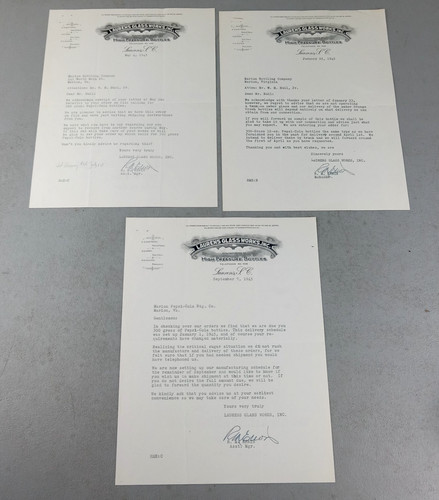 1945 LAURENS GLASS WORKS INC Letterhead Letters to Marion Bottle Co Soda PEPSI