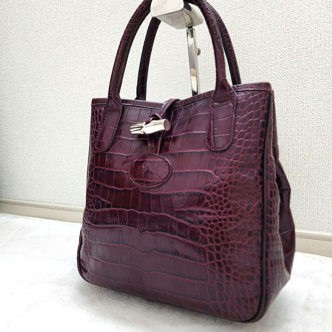 Longchamp Hand Bag Tote Purse Logo Leather Wine Red Authentic