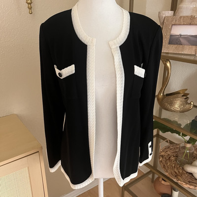 Exclusively Misook Open Cardigan Front Pockets Black White Trim Size Medium