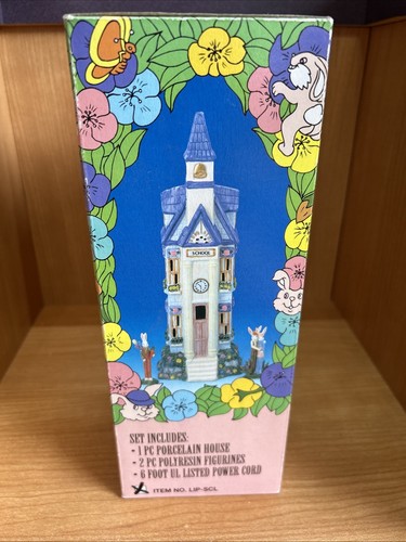 Hand Painted Lighted Porcelain Pencil House With Figurines Easter Vintage School