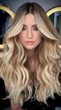 100 Human Hair New Fashion Women's Natural Long Brown Mix Blond Wavy Wigs 24 In