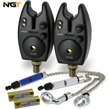 2x NGT Carp Fishing VX2 Bite alarms + Chain Indicator Bobbins Set + Batteries
