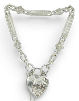 Antique Look Sterling Silver 19cm 7.5'' Fancy Albert Chain Bracelet Heart Padlock