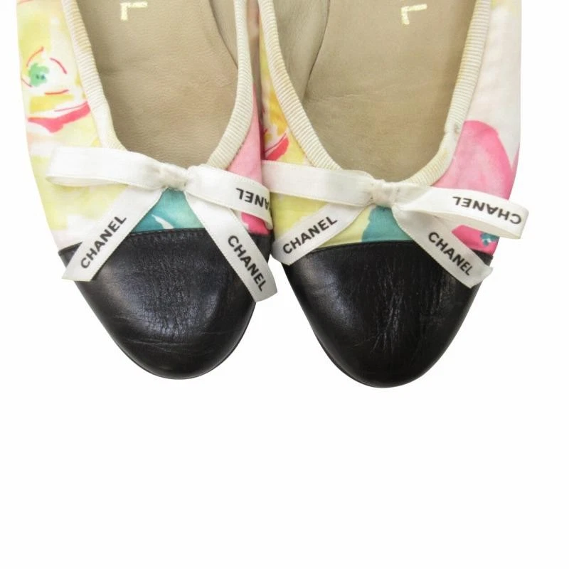 CHANEL Ballet Planos Floral Cinta Lona Cuero Beige Negro 36.5 - 6.5US W8cm Foto 4 de 4
