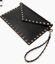 Valentino Rockstud Envelope Pouch Black Leather Clutch
