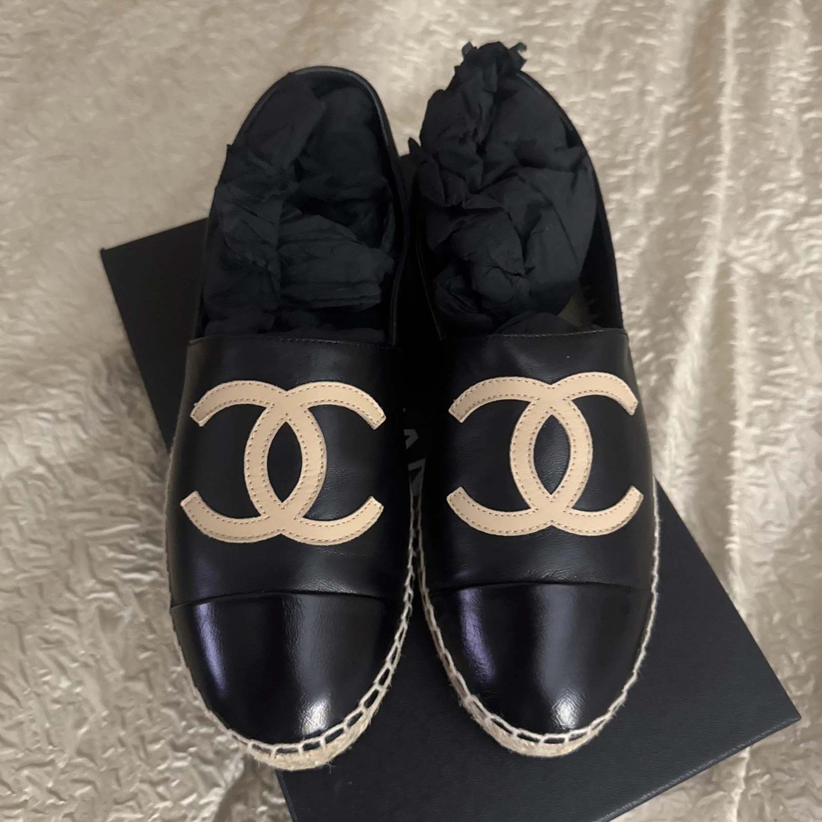 CHANEL Espadrilles Size 38 Black/Beige/Black Lambskin Leather Spain CC Authentic