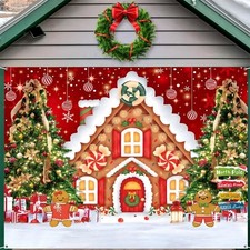 7x8 FT Christmas Garage Door Cover, Gingerbread House Garage Door Banner Deco...