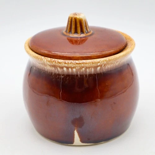 Vtg Hull Pottery USA Brown Drip Glaze Small Bean Pot Soup Crock Jar w/ Lid 5"H