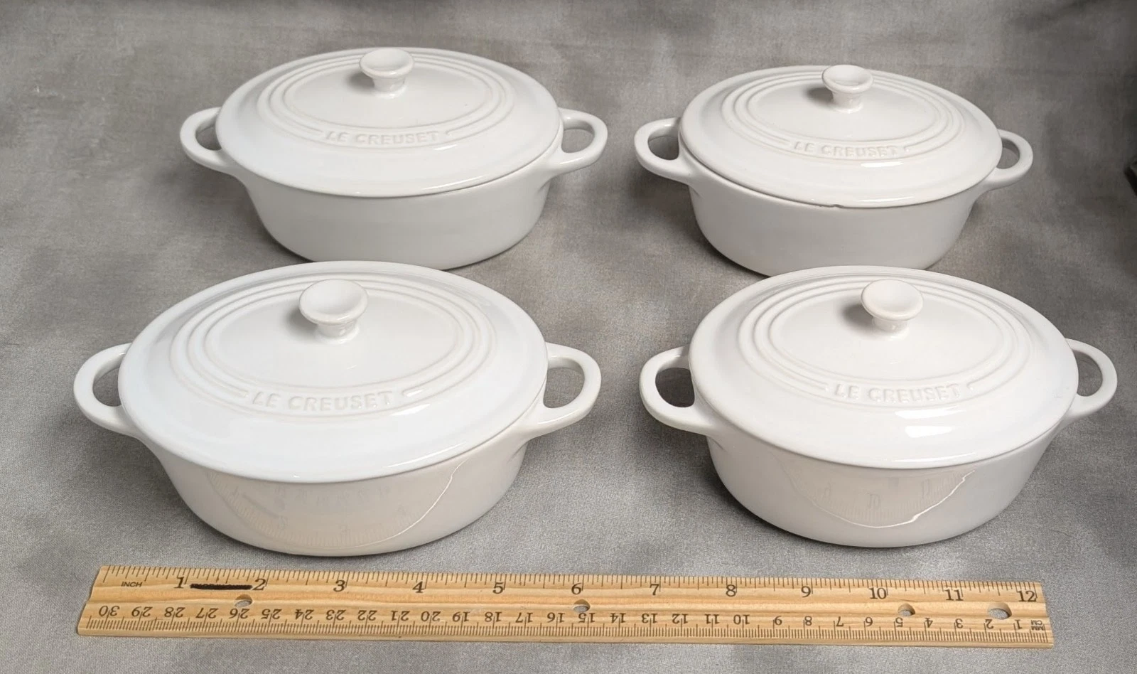 Le Creuset Storeware Set of 4 Mini Petite Oval Cocotte White Lid Handle 5"