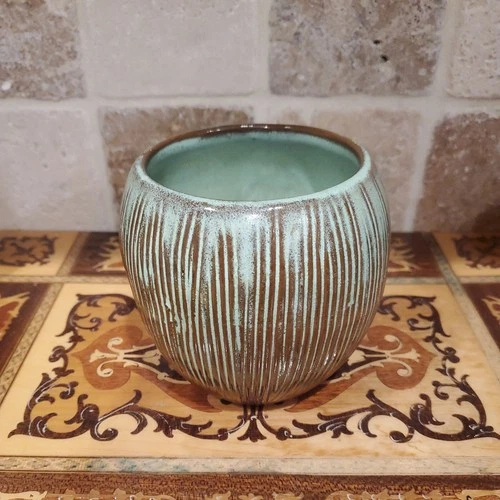 Frankoma T7 Coconut Mug Vase Planter Brown green Pottery Vintage Mid Century